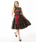 Unique Vintage Gothic Roses Sleeveless Cotton Swing Dress - Unique Vintage - Womens, DRESSES, SWING