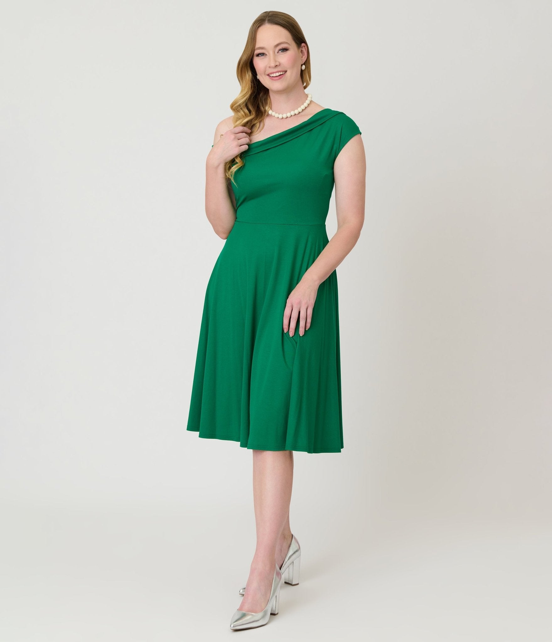 Unique Vintage Green Asymmetrical Neck Swing Dress - Unique Vintage - Womens, DRESSES, SWING