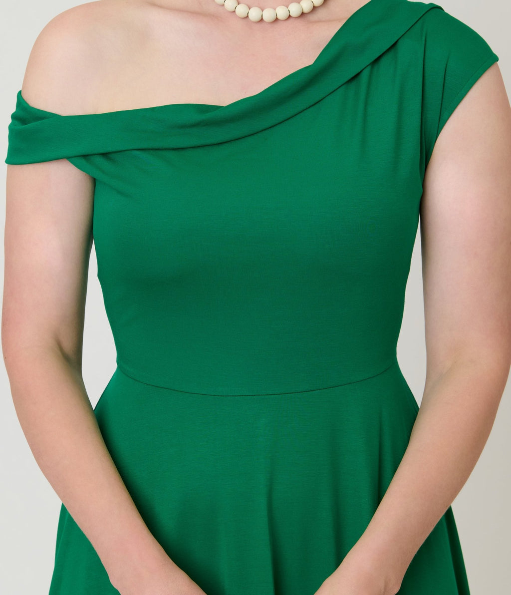 Unique Vintage Green Asymmetrical Neck Swing Dress - Unique Vintage - Womens, DRESSES, SWING