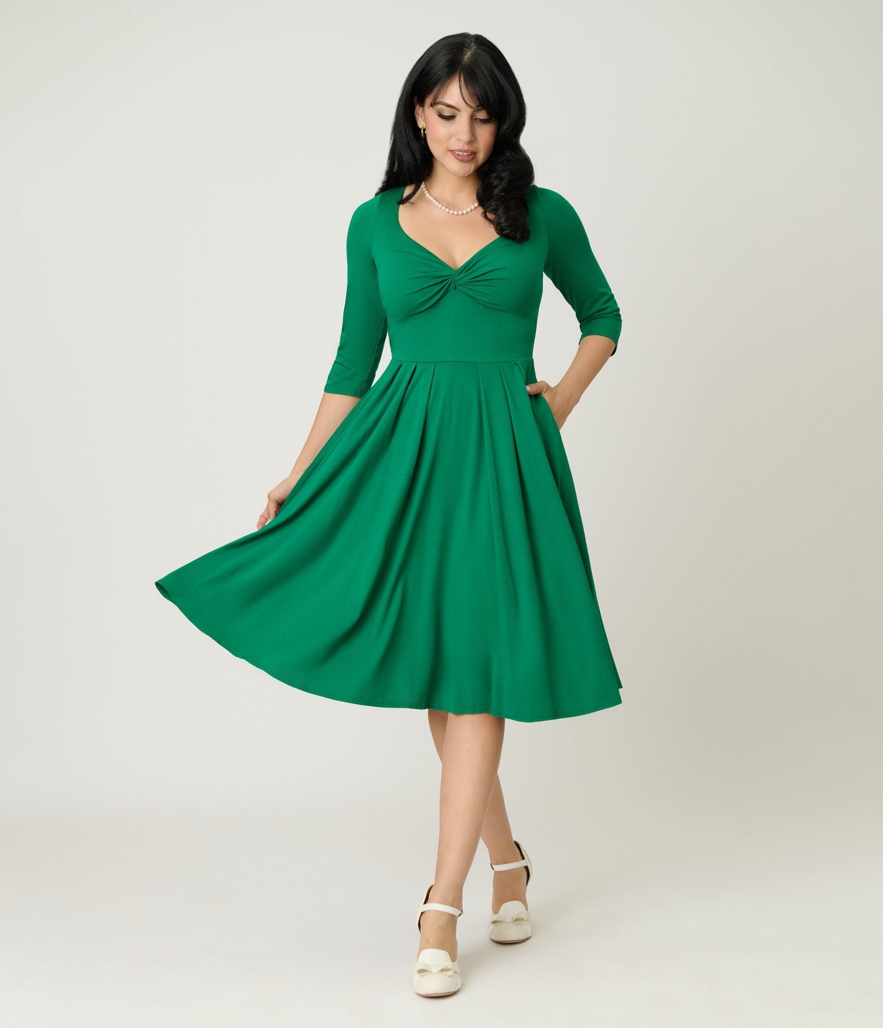 Unique Vintage Green Bengaline Front Twist Swing Dress - Unique Vintage - Womens, DRESSES, SWING