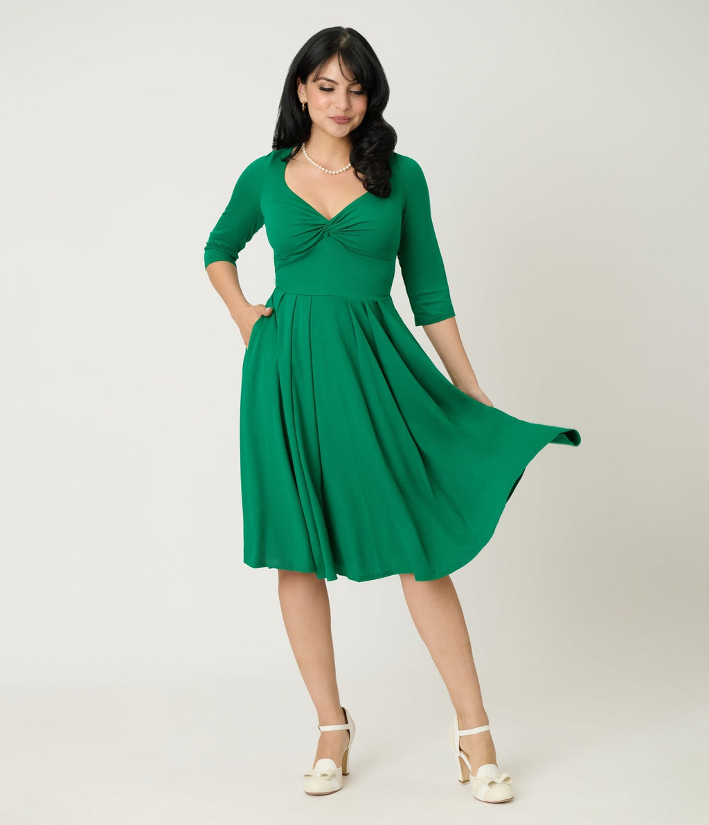 Unique Vintage Green Bengaline Front Twist Swing Dress - Unique Vintage - Womens, DRESSES, SWING