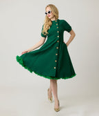 Unique Vintage Green Button Swing Dress - Unique Vintage - Womens, DRESSES, SWING