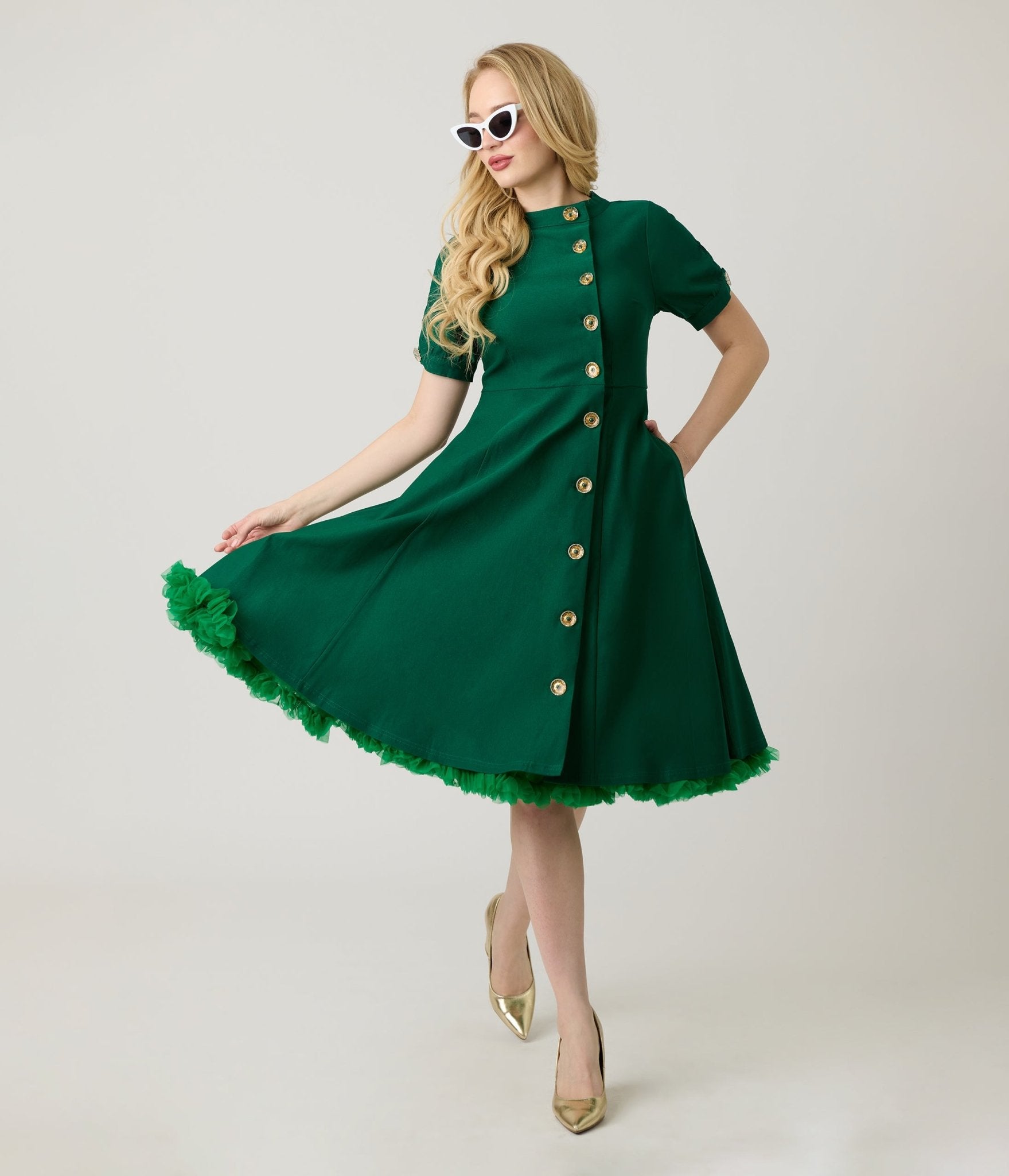 Unique Vintage Green Button Swing Dress - Unique Vintage - Womens, DRESSES, SWING