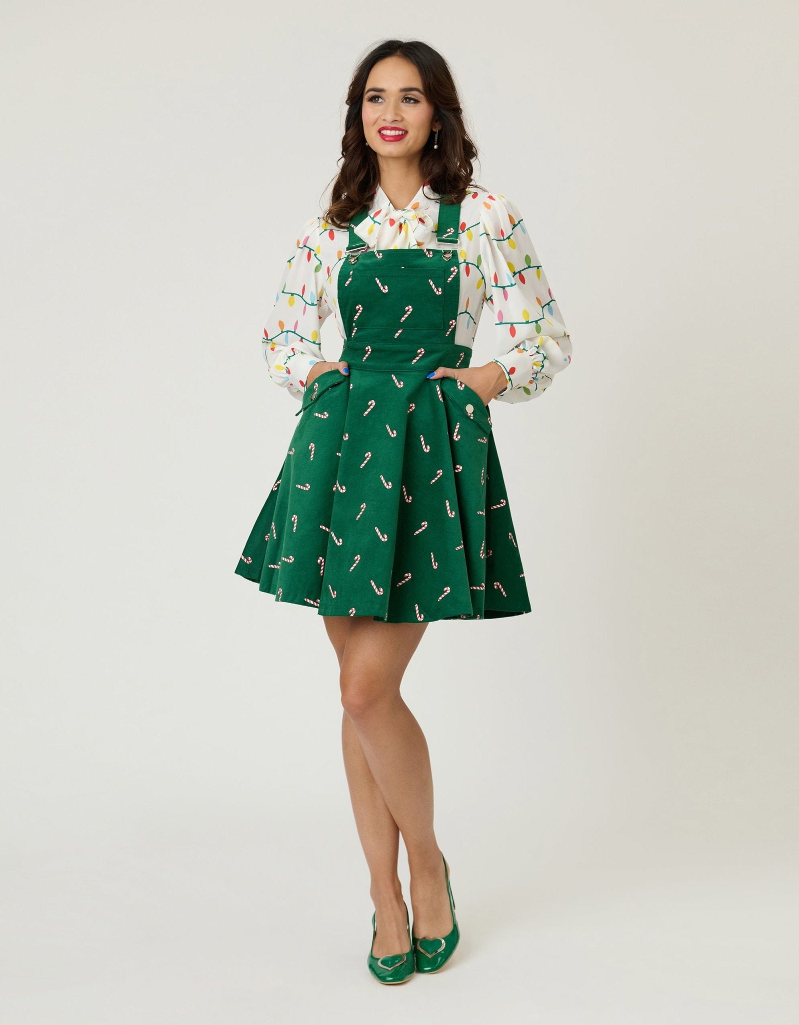 Unique Vintage Green & Candy Cane Stamp Brionne Pinafore Skirt - Unique Vintage - Womens, BOTTOMS, SKIRTS