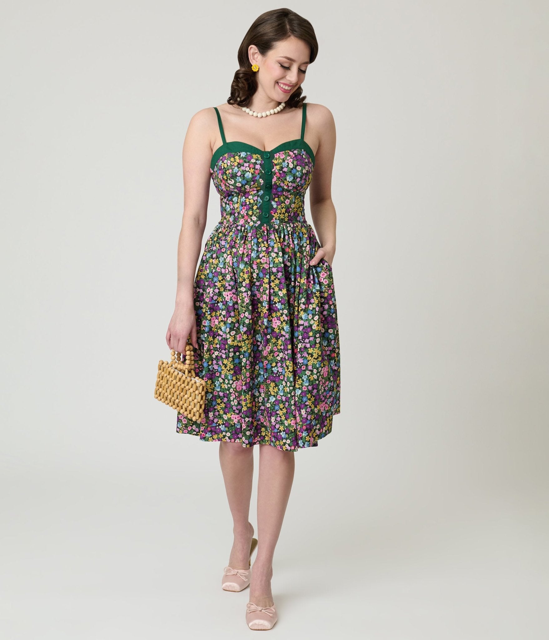 Unique Vintage Green Ditzy Floral Sweetheart Cotton Swing Dress - Unique Vintage - Womens, DRESSES, SWING