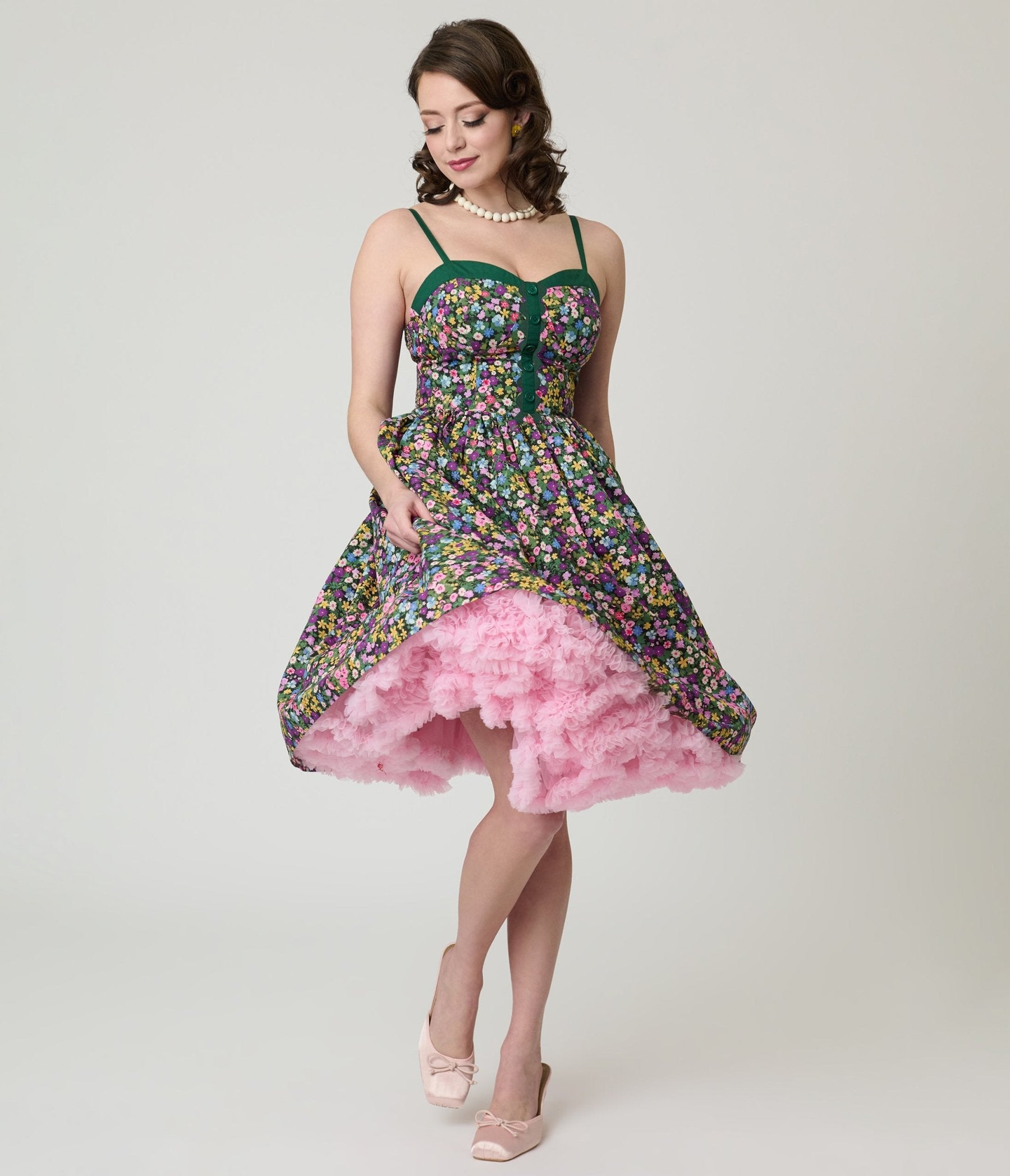 Unique Vintage Green Ditzy Floral Sweetheart Cotton Swing Dress
