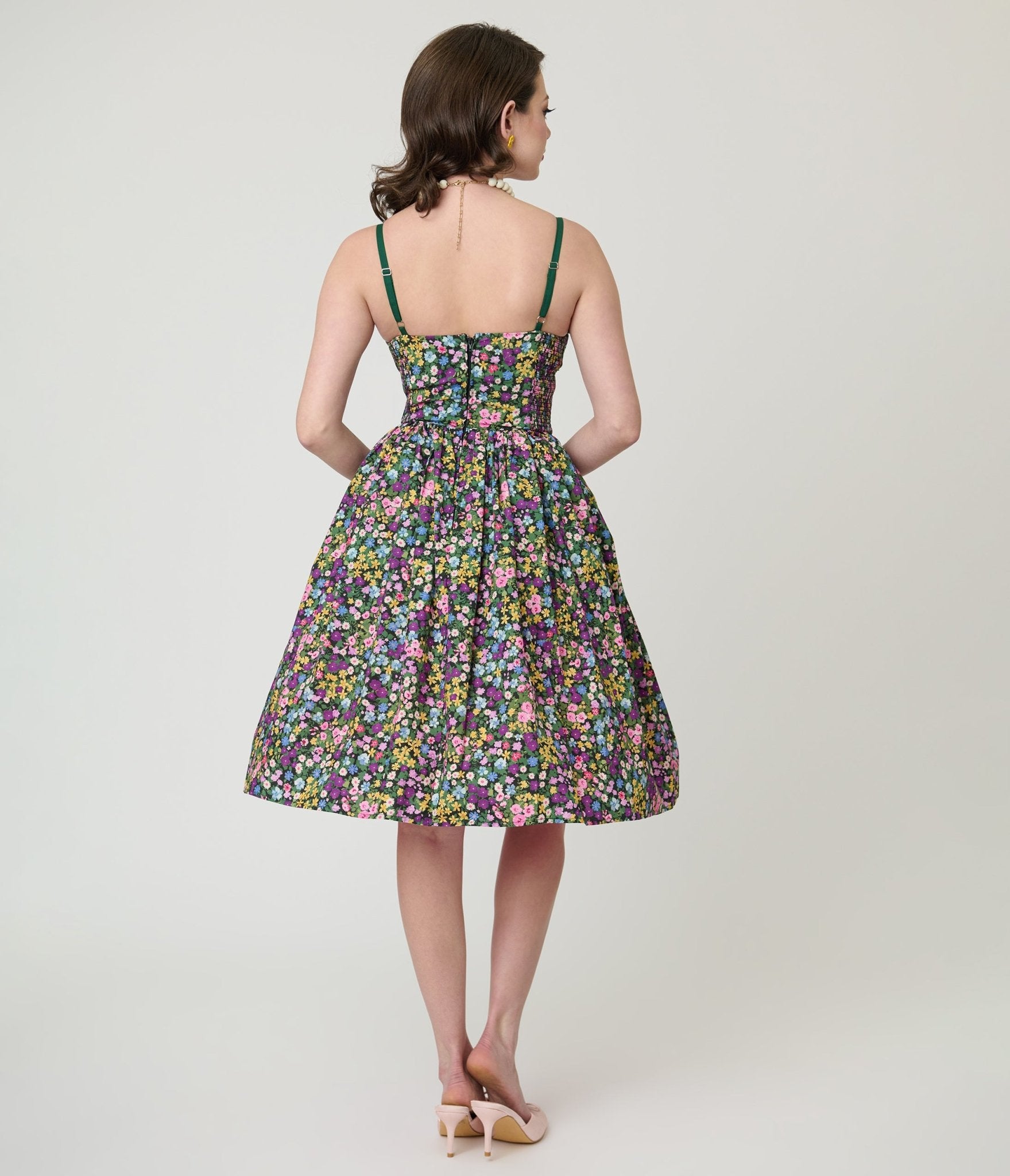 cotton floral dresses Unique Vintage Green Ditzy Floral Sweetheart Cotton Swing Dress