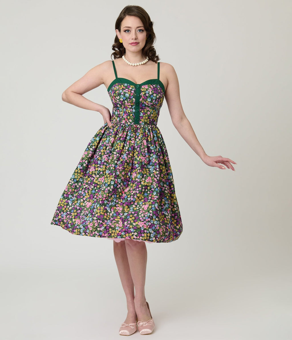 Unique Vintage Green Ditzy Floral Sweetheart Cotton Swing Dress - Unique Vintage - Womens, DRESSES, SWING