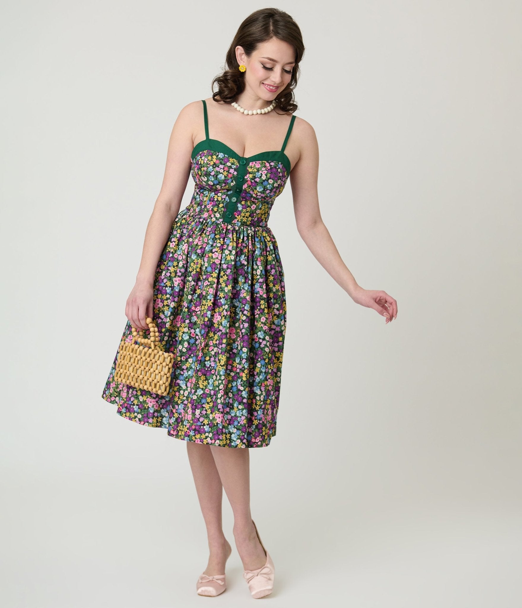 Unique Vintage Green Ditzy Floral Sweetheart Cotton Swing Dress - Unique Vintage - Womens, DRESSES, SWING