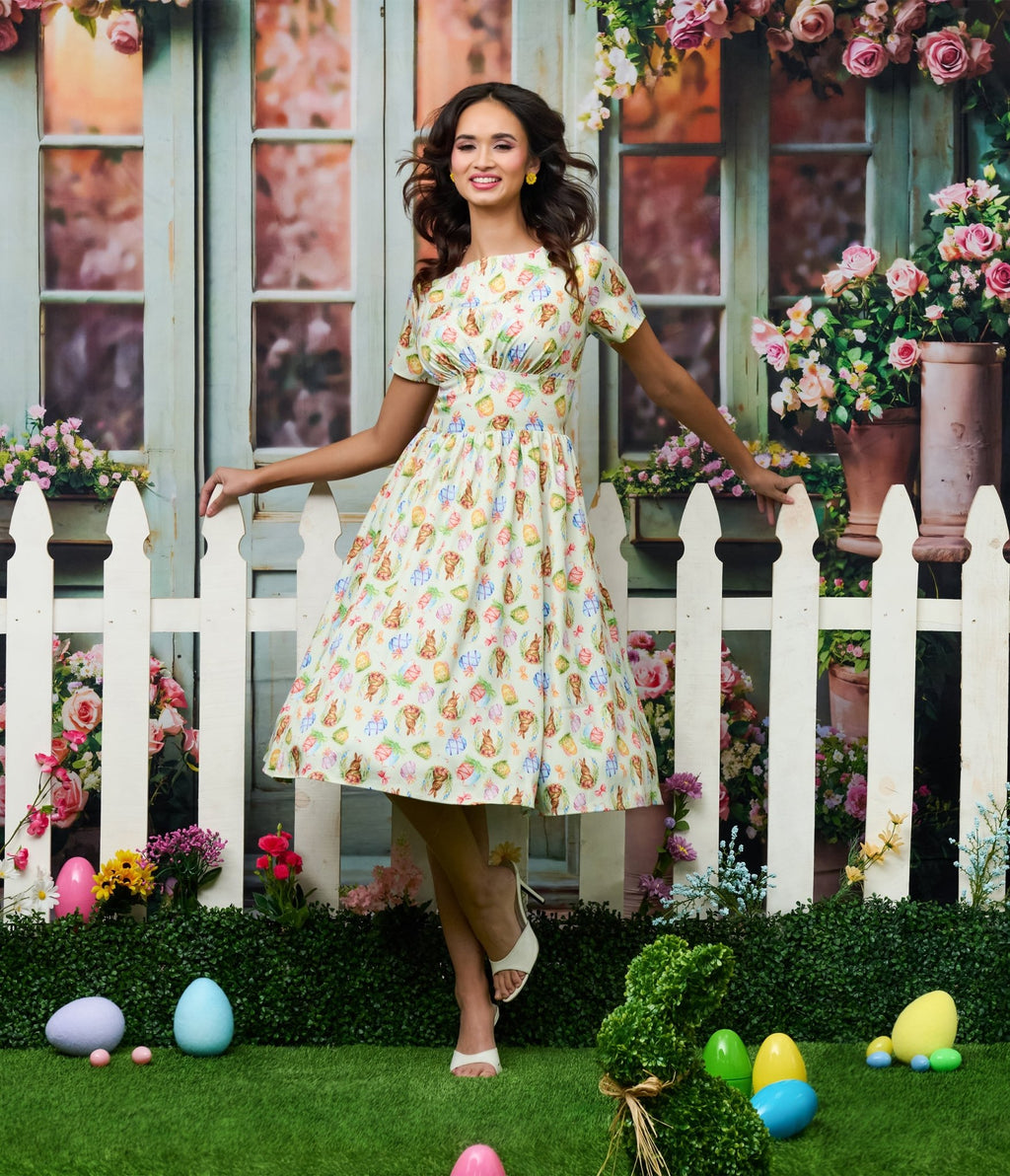 Unique Vintage Green Easter Bunny Print Swing Dress - Unique Vintage - Womens, DRESSES, SWING