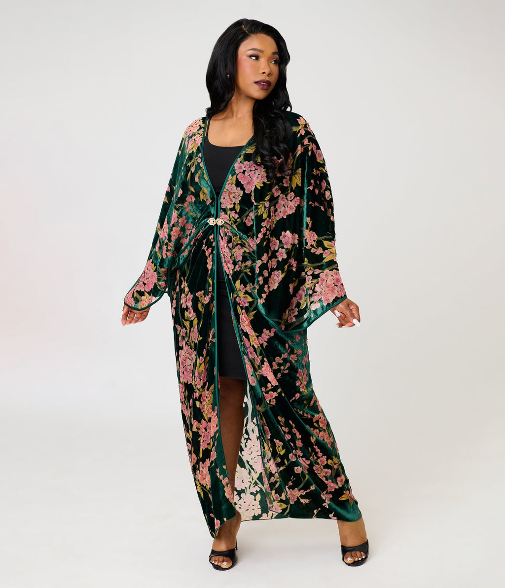 Unique Vintage Green Floral Embossed Velvet Long Kimono - Unique Vintage - Womens, FLAPPER, COATS