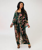 Unique Vintage Green Floral Embossed Velvet Long Kimono - Unique Vintage - Womens, FLAPPER, COATS