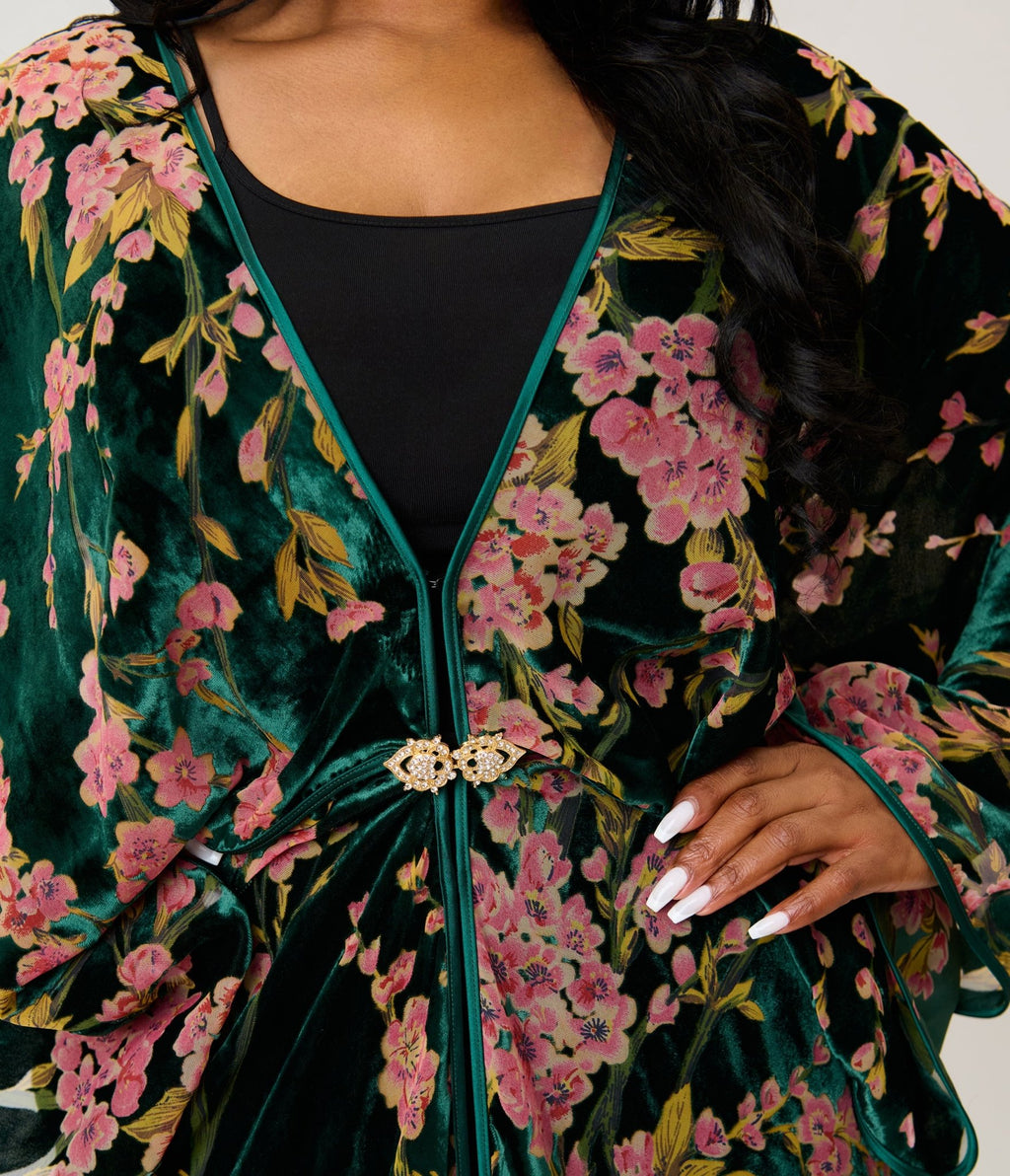Unique Vintage Green Floral Embossed Velvet Long Kimono - Unique Vintage - Womens, FLAPPER, COATS