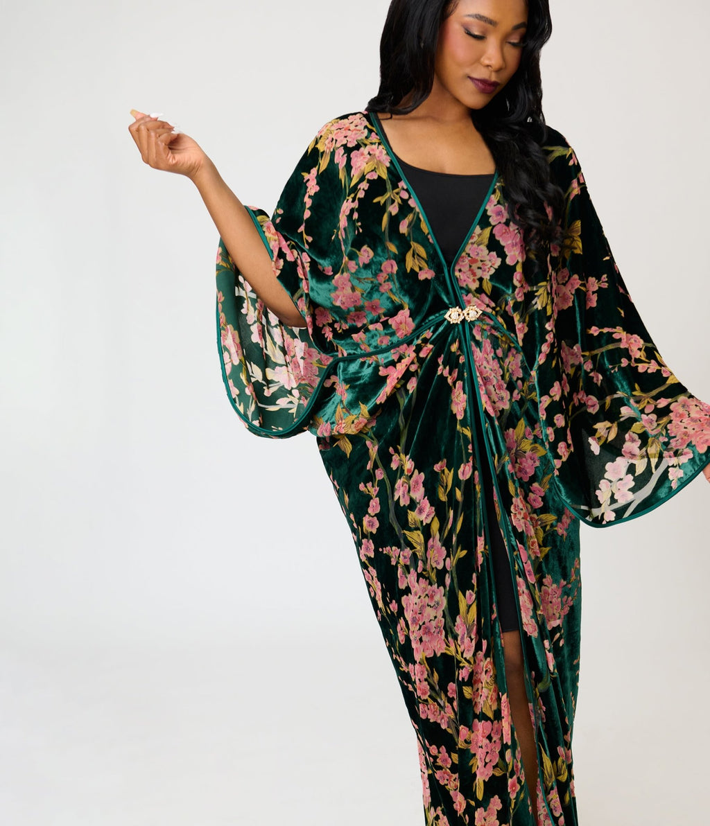 Unique Vintage Green Floral Embossed Velvet Long Kimono - Unique Vintage - Womens, FLAPPER, COATS