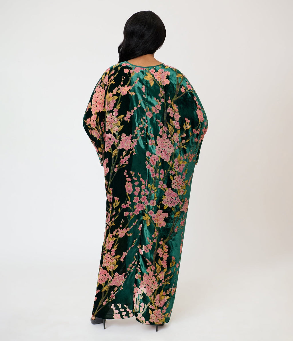 Unique Vintage Green Floral Embossed Velvet Long Kimono - Unique Vintage - Womens, FLAPPER, COATS