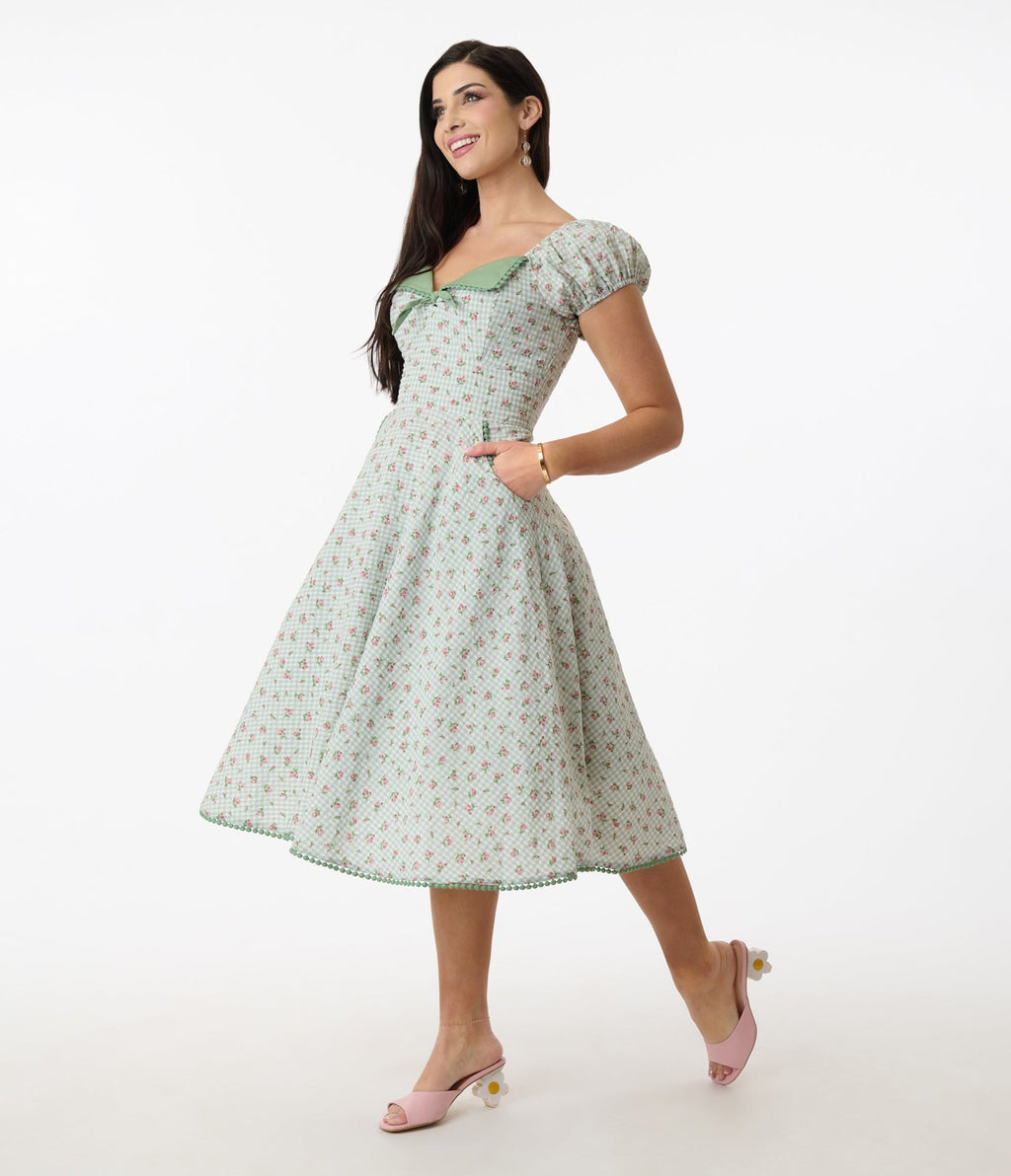 Unique Vintage Green Floral Gingham Print Swing Dress - Unique Vintage - Womens, DRESSES, SWING