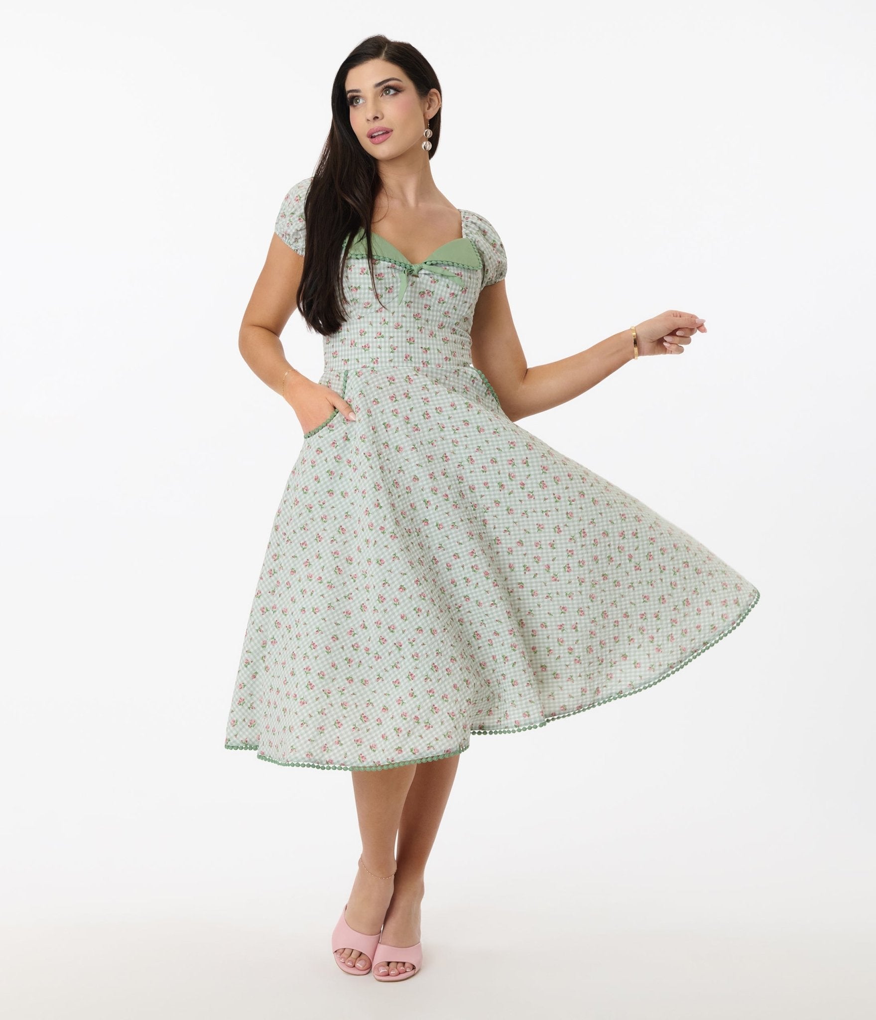 Unique Vintage Green Floral Gingham Print Swing Dress - Unique Vintage - Womens, DRESSES, SWING