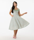 Unique Vintage Green Floral Gingham Print Swing Dress - Unique Vintage - Womens, DRESSES, SWING