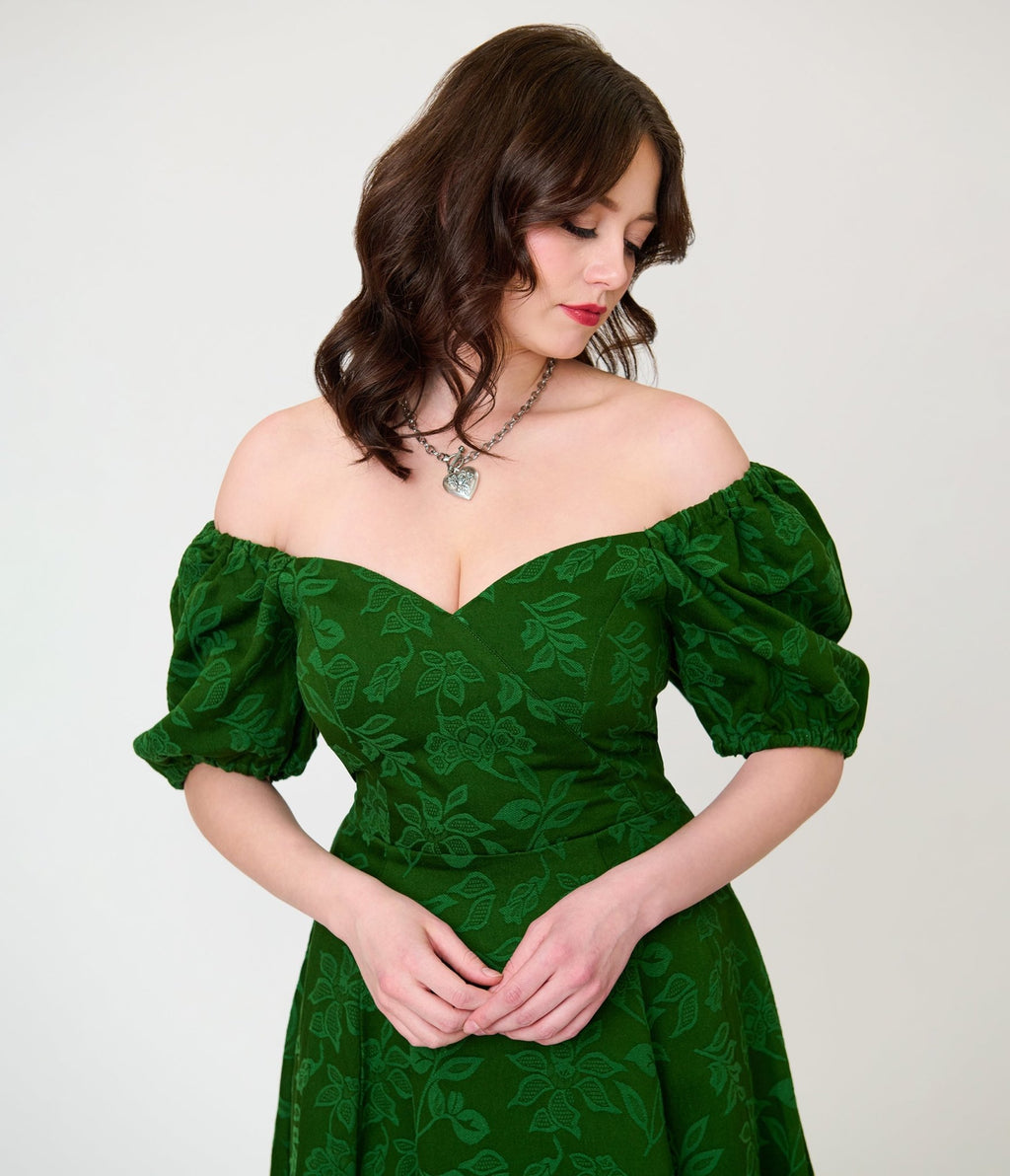 Unique Vintage Green Floral Jacquard Sweetheart Swing Dress - Unique Vintage - Womens, DRESSES, SWING