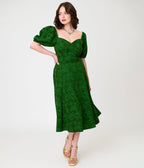 Unique Vintage Green Floral Jacquard Sweetheart Swing Dress - Unique Vintage - Womens, DRESSES, SWING
