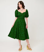 Unique Vintage Green Floral Jacquard Sweetheart Swing Dress - Unique Vintage - Womens, DRESSES, SWING