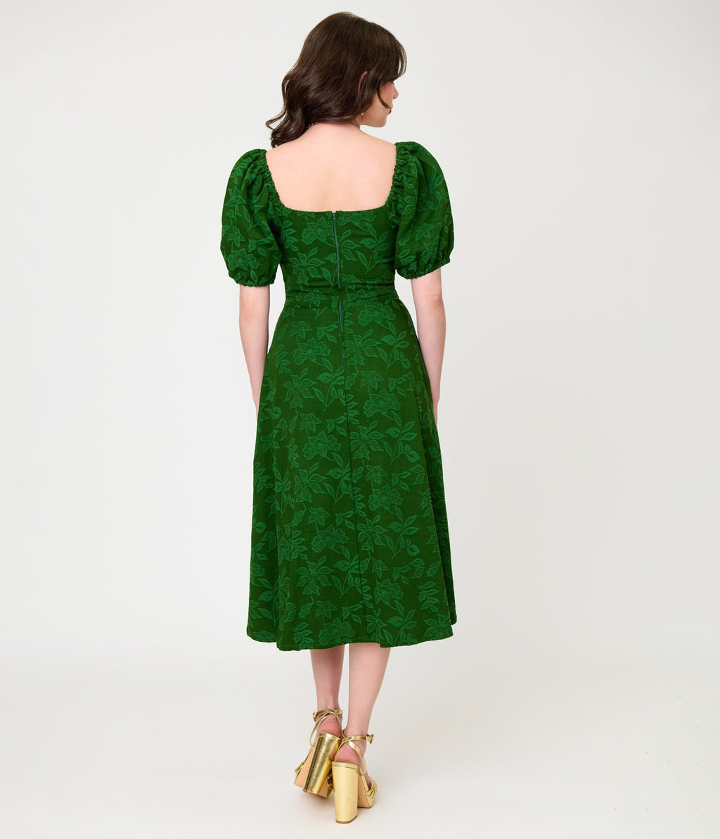 Unique Vintage Green Floral Jacquard Sweetheart Swing Dress - Unique Vintage - Womens, DRESSES, SWING