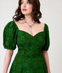 Unique Vintage Green Floral Jacquard Sweetheart Swing Dress