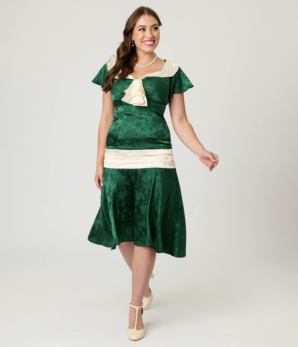 Unique Vintage Green Floral Jacquard Wilshire Flapper Dress - Unique Vintage - Womens, FLAPPER, SLEEVELESS NON BEADED