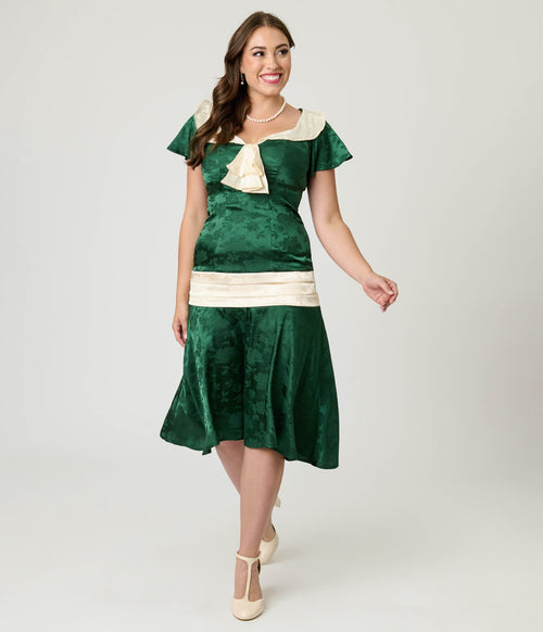 Unique Vintage Green Floral Jacquard Wilshire Flapper Dress