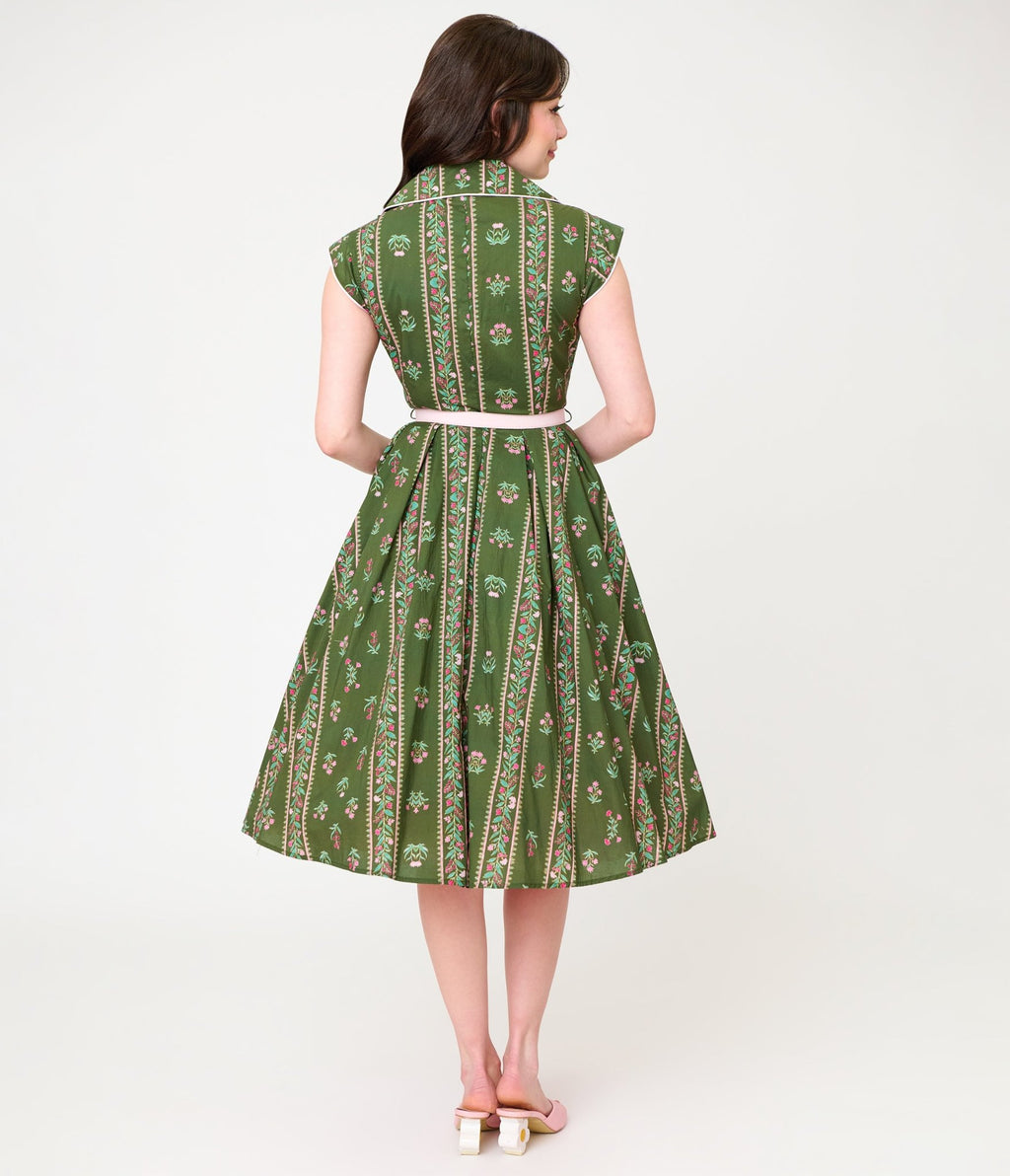 Unique Vintage Green Floral Stripe Shirt Swing Dress - Unique Vintage - Womens, DRESSES, SWING