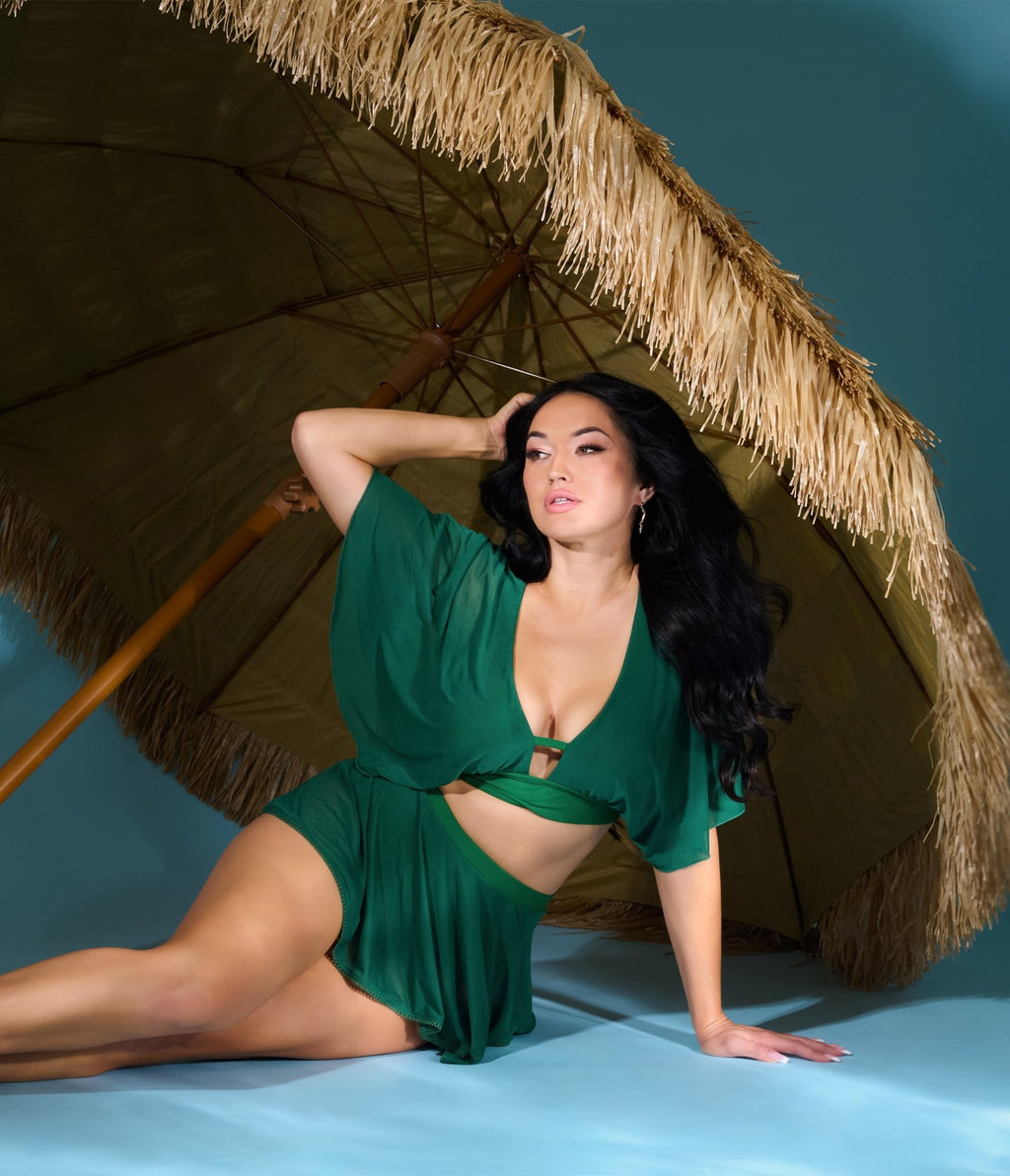 Unique Vintage Green Flutter Sleeve Swim Top - Unique Vintage - Womens, SWIM, TOP