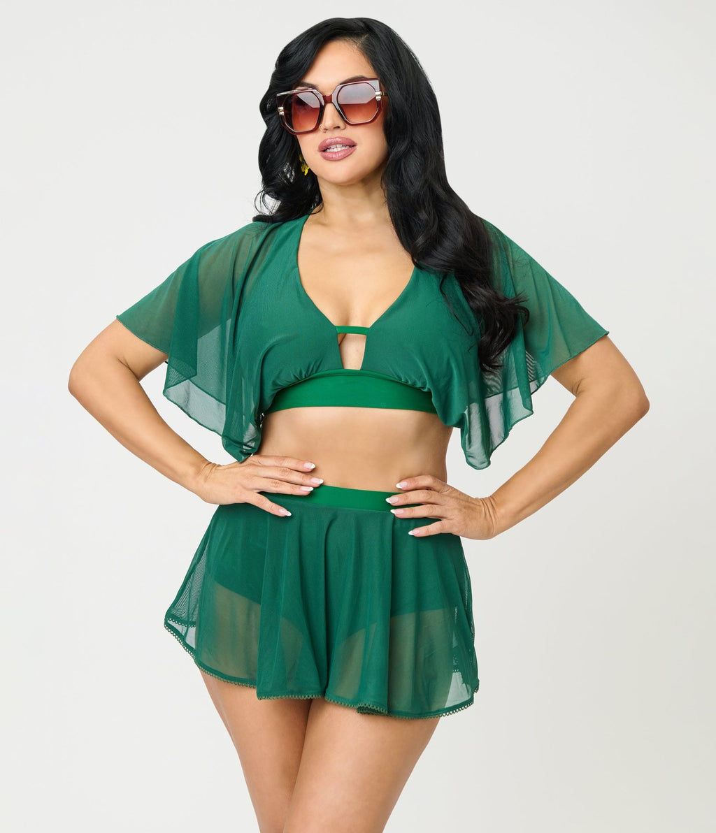 Unique Vintage Green Flutter Sleeve Swim Top - Unique Vintage - Womens, SWIM, TOP