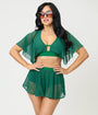 Unique Vintage Green Flutter Sleeve Swim Top