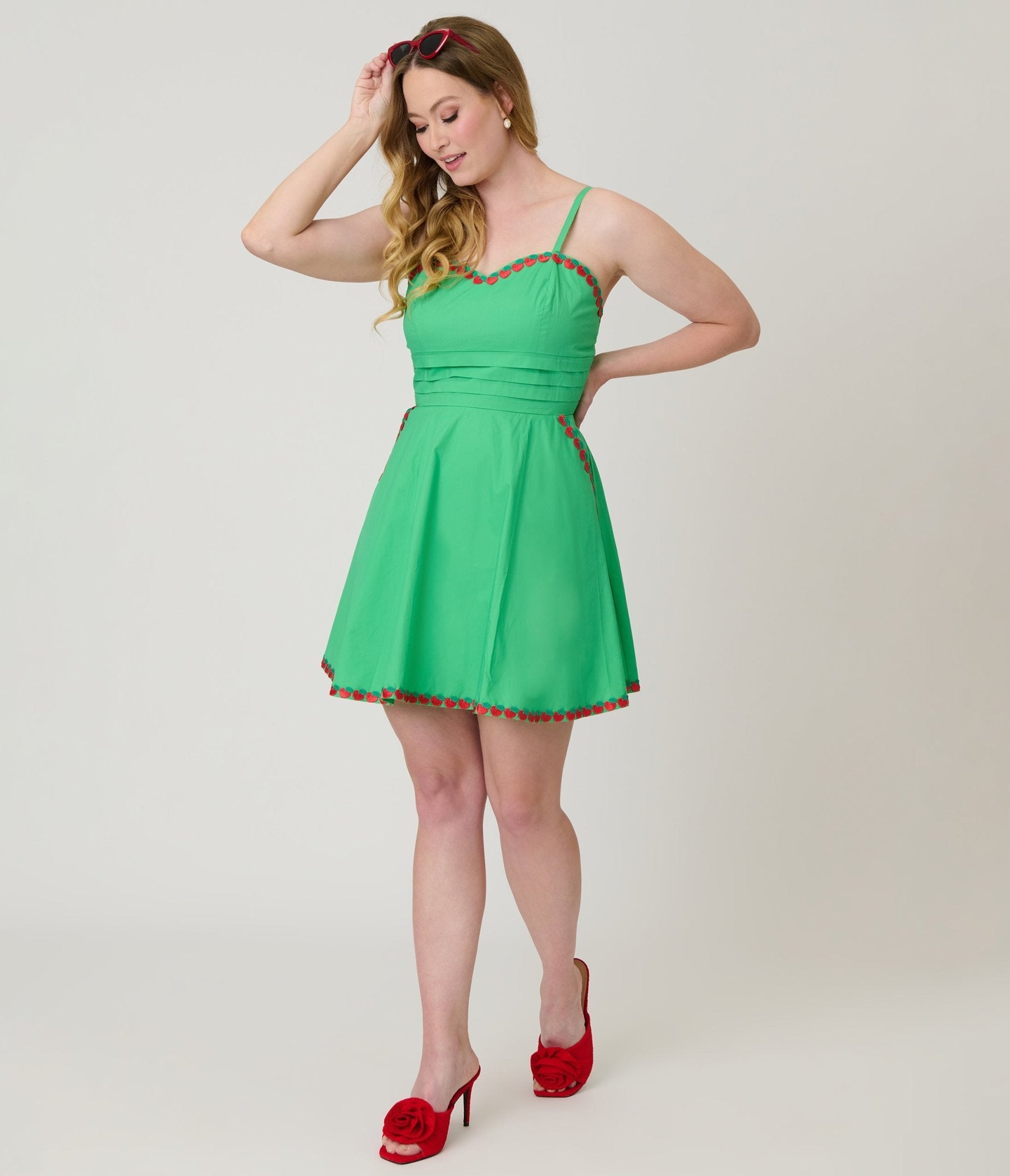 Unique Vintage Green & Fruit Trim Cotton Flare Dress