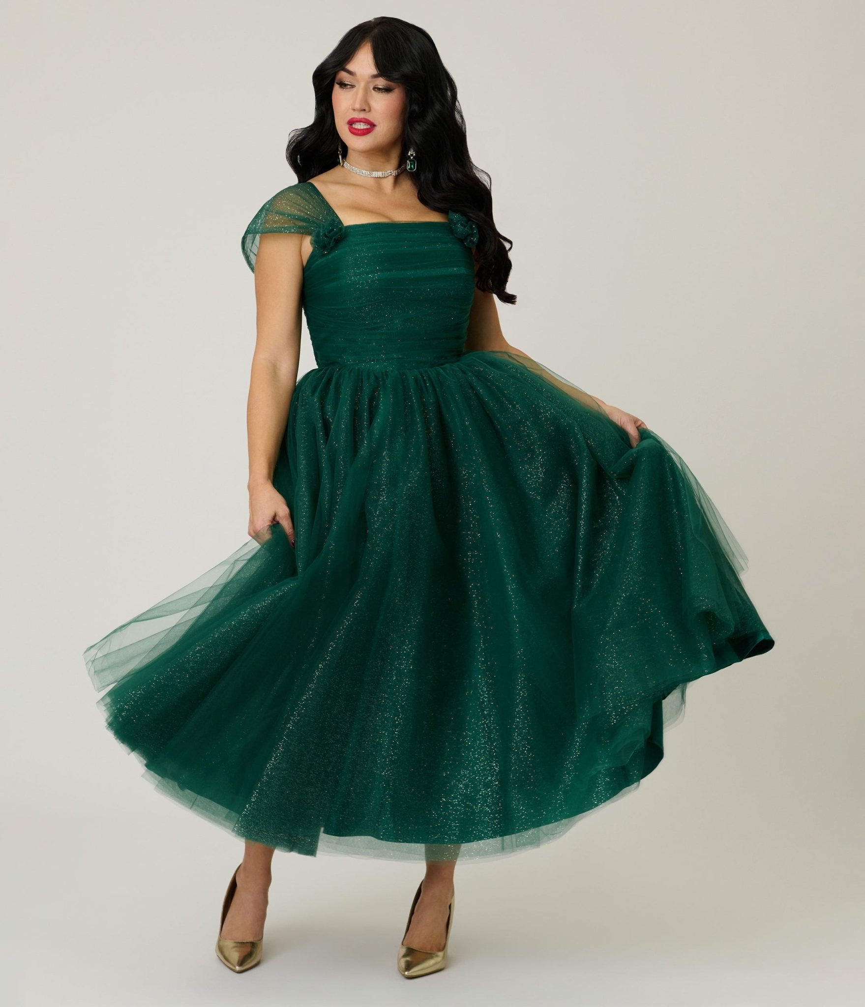 Unique Vintage Green Glitter 1950's Tea Length Gown - Unique Vintage - Womens, DRESSES, A - LINE