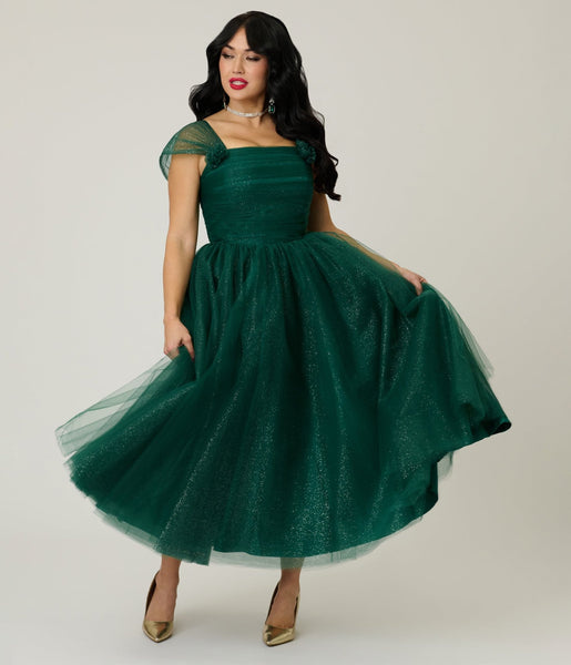 Unique Vintage Green Glitter 1950's Tea Length Gown Unique Vintage Green Glitter 1950's Tea Length Gown