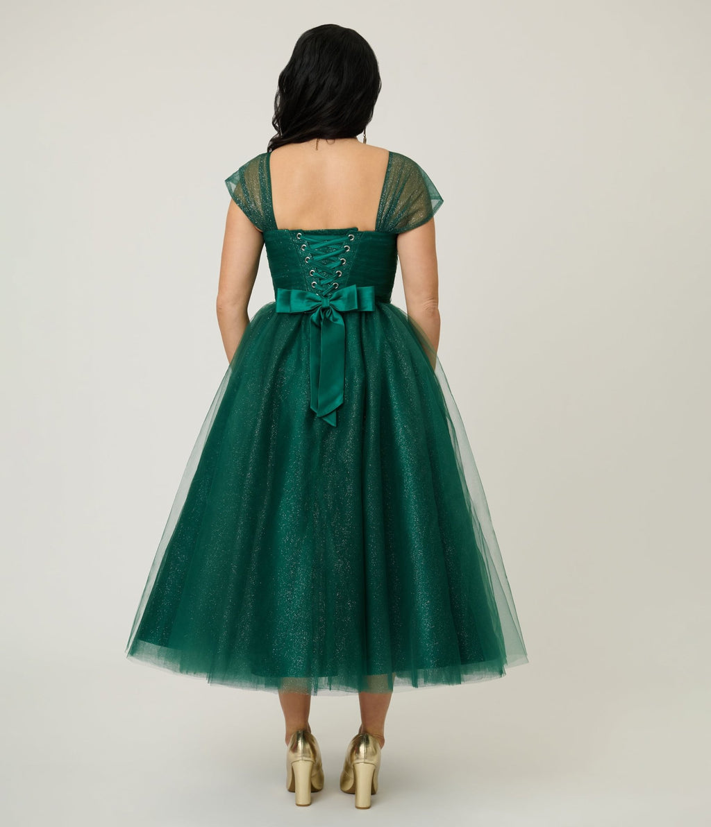 Unique Vintage Green Glitter 1950's Tea Length Gown - Unique Vintage - Womens, DRESSES, A - LINE
