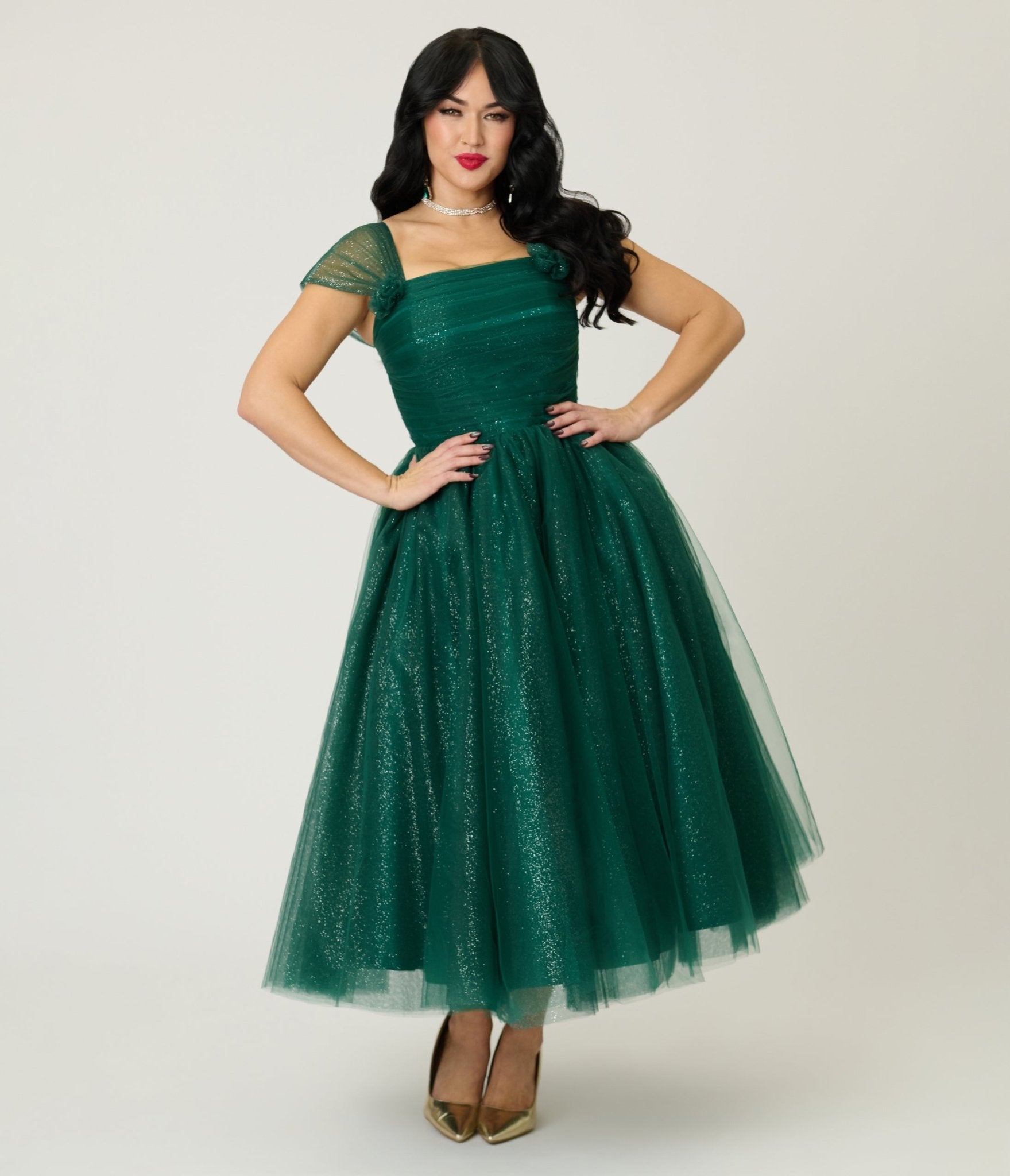 Unique Vintage Green Glitter 1950's Tea Length Gown - Unique Vintage - Womens, DRESSES, A - LINE