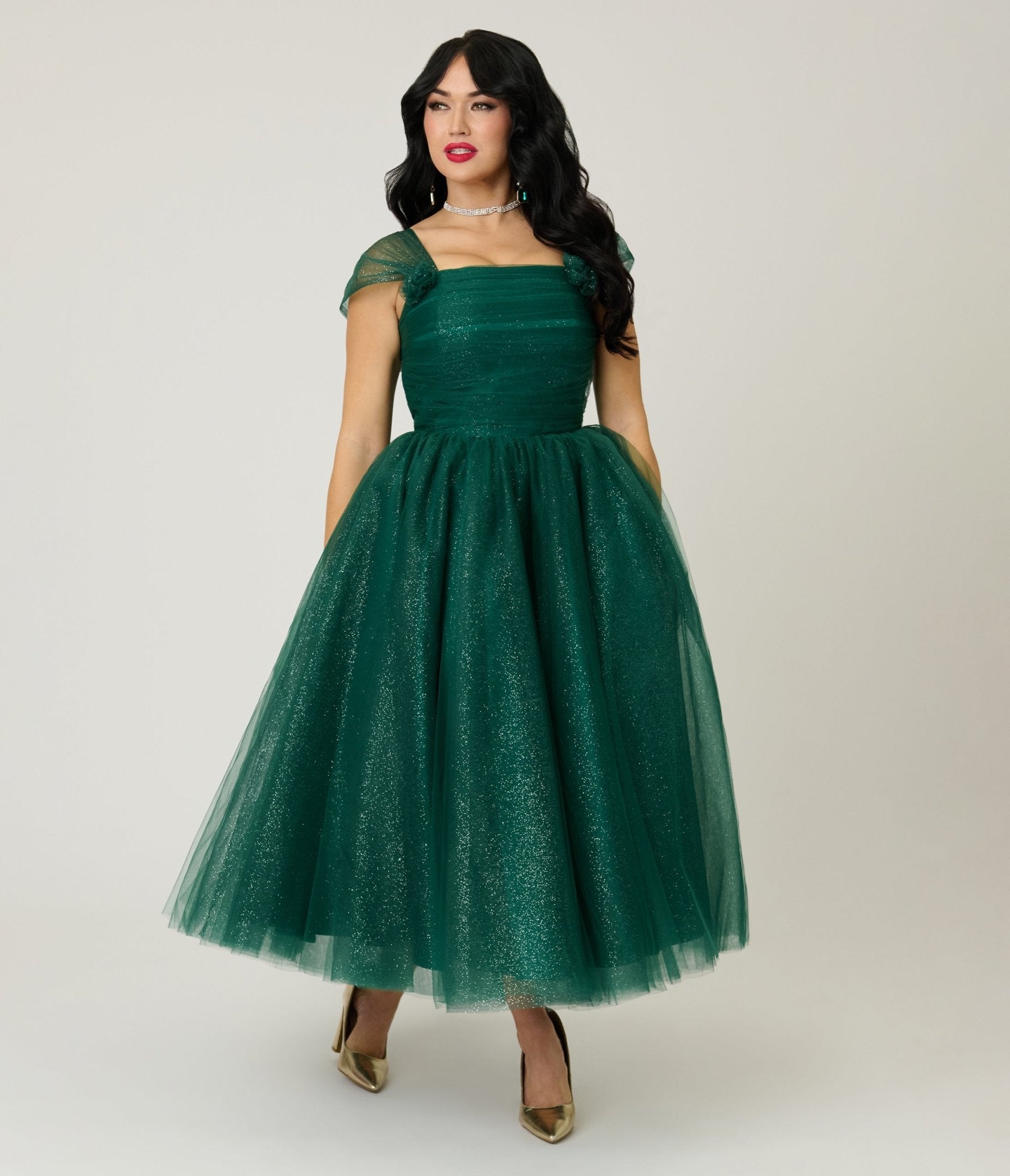 Unique Vintage Green Glitter 1950's Tea Length Gown - Unique Vintage - Womens, DRESSES, A - LINE
