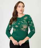 Unique Vintage Green & Gold Celestial Minou Sweater - Unique Vintage - Womens, TOPS, SWEATERS