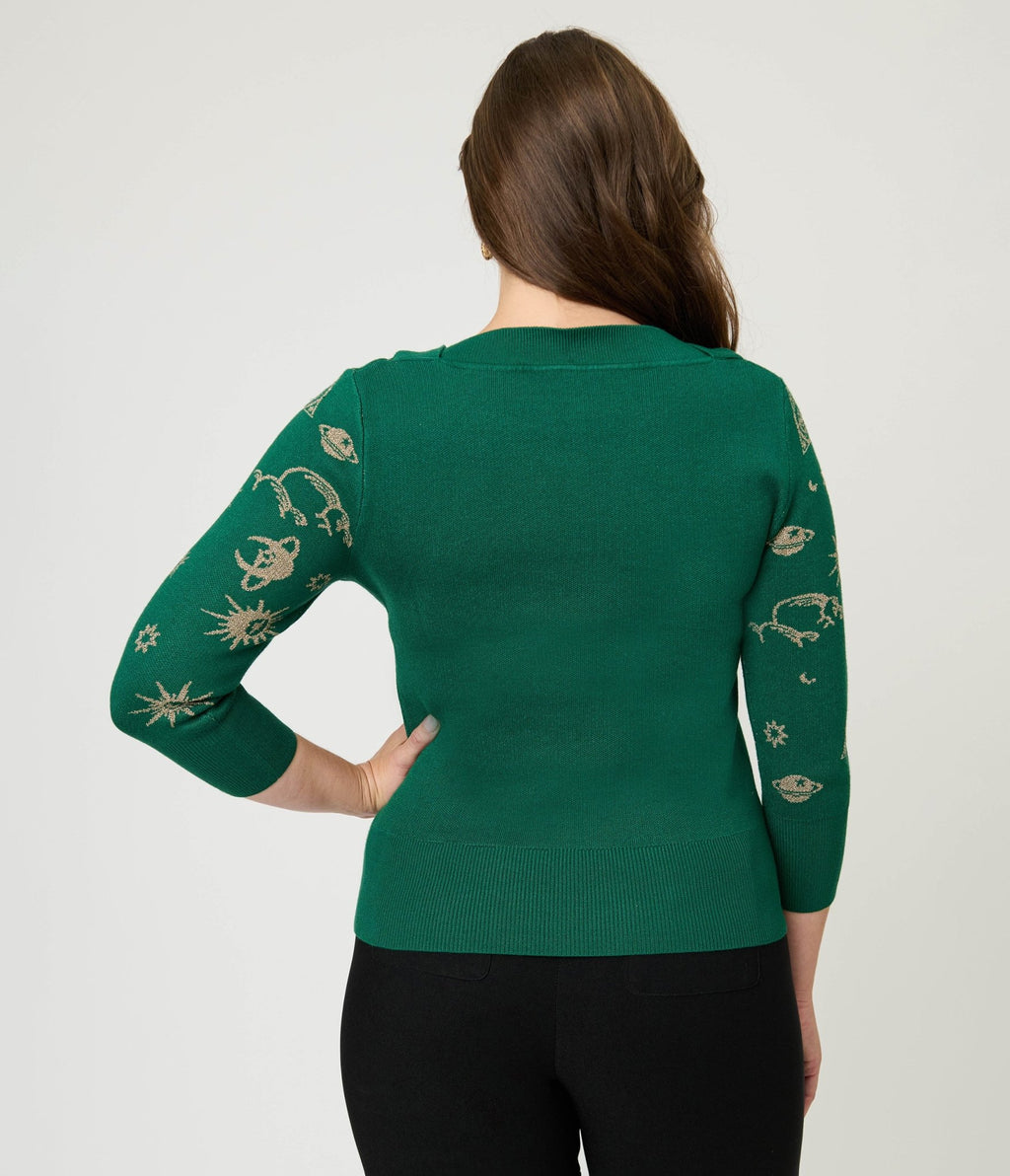 Unique Vintage Green & Gold Celestial Minou Sweater - Unique Vintage - Womens, TOPS, SWEATERS