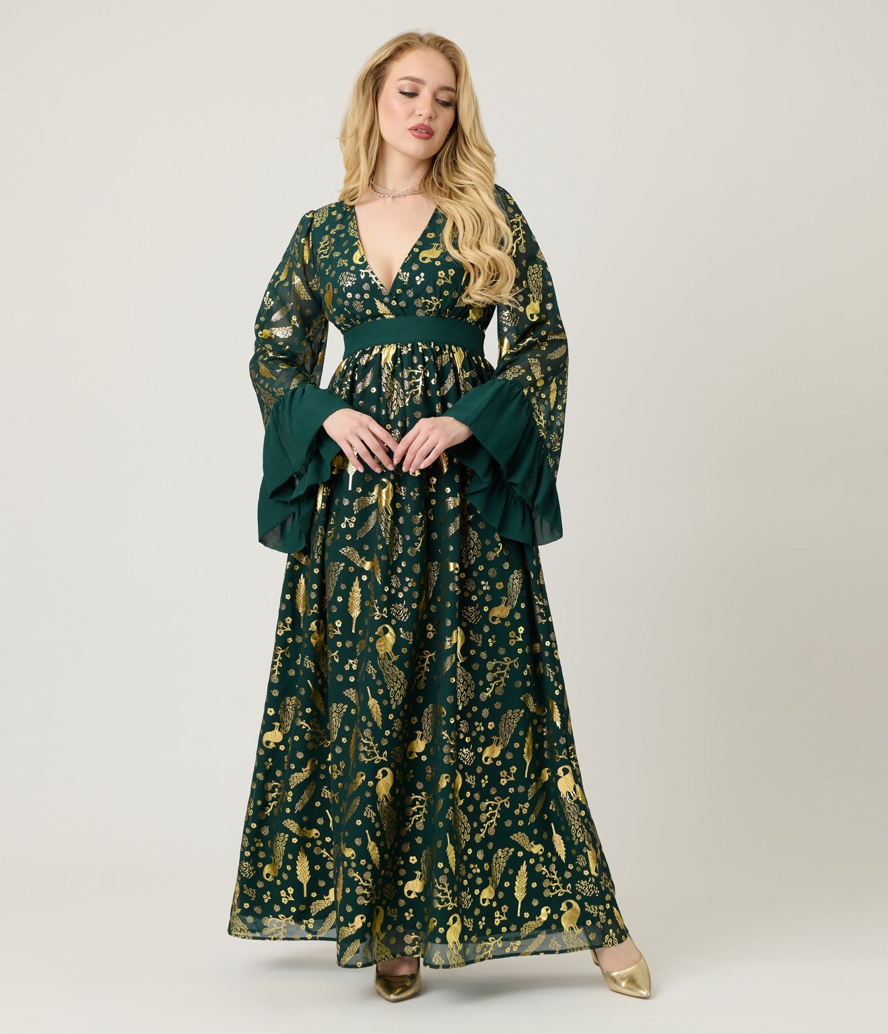 Unique Vintage Green & Gold Foil Peacock Print Maxi Dress - Unique Vintage - Womens, DRESSES, MAXI