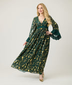 Unique Vintage Green & Gold Foil Peacock Print Maxi Dress - Unique Vintage - Womens, DRESSES, MAXI