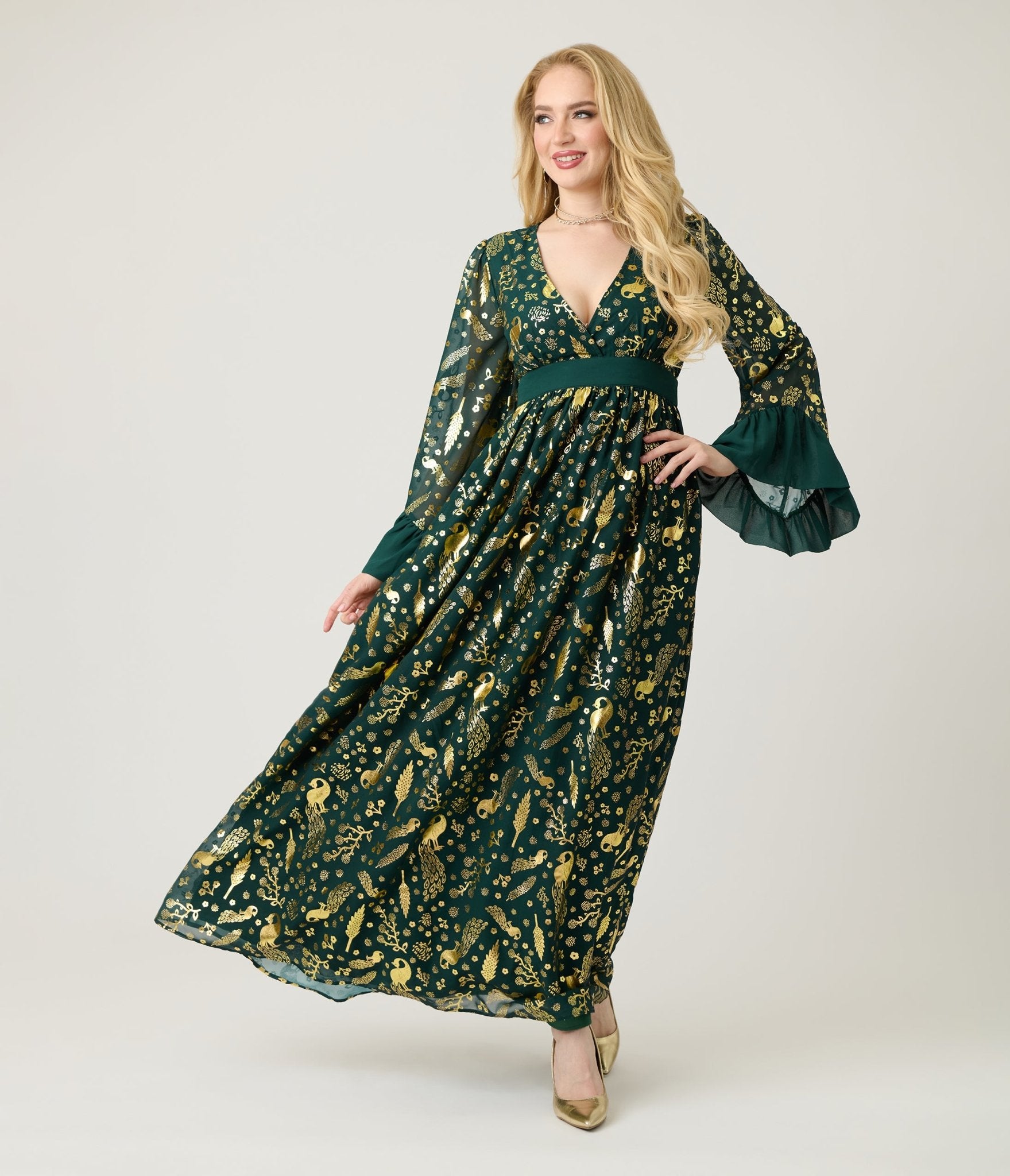 Unique Vintage Green & Gold Foil Peacock Print Maxi Dress - Unique Vintage - Womens, DRESSES, MAXI
