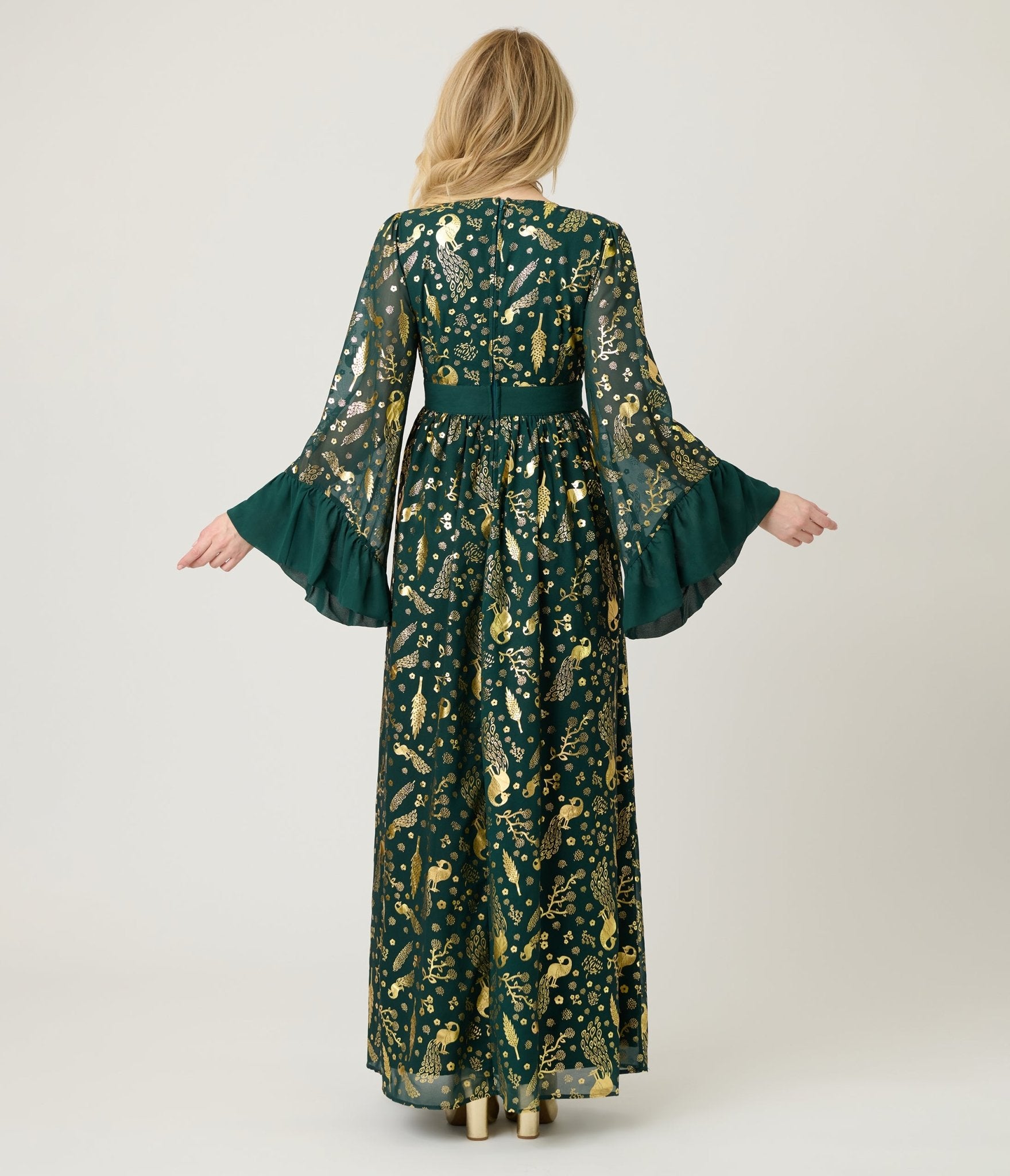 Unique Vintage Green & Gold Foil Peacock Print Maxi Dress Unique Vintage Green & Gold Foil Peacock Print Maxi Dress