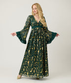 Unique Vintage Green & Gold Foil Peacock Print Maxi Dress - Unique Vintage - Womens, DRESSES, MAXI