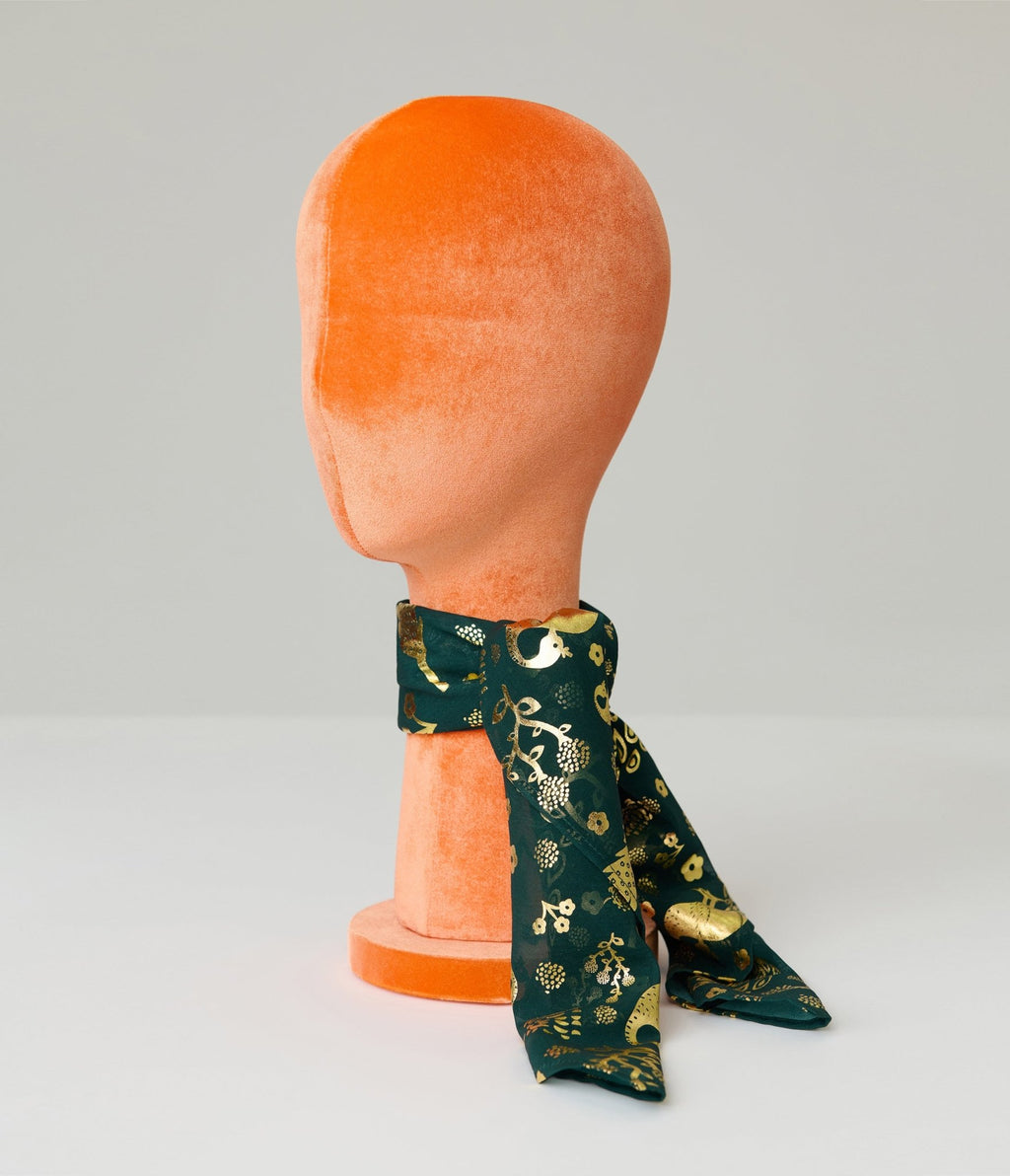 Unique Vintage Green & Gold Foil Peacock Printed Scarf - Unique Vintage - Womens, ACCESSORIES, HAIR