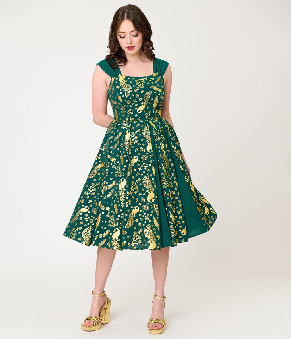 Unique Vintage Green & Gold Peacock Swing Dress - Unique Vintage - Womens, DRESSES, SWING