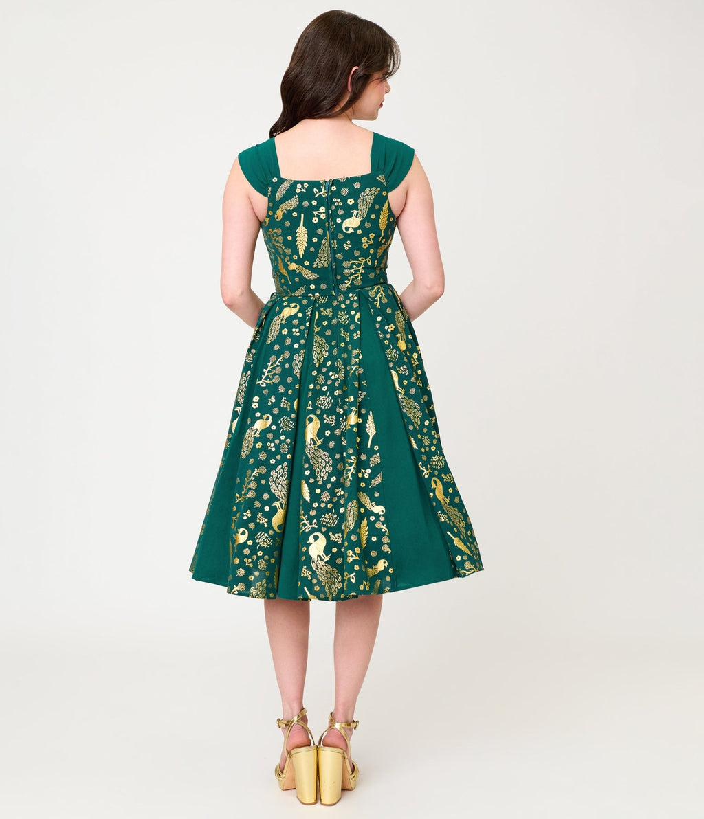 Unique Vintage Green & Gold Peacock Swing Dress - Unique Vintage - Womens, DRESSES, SWING