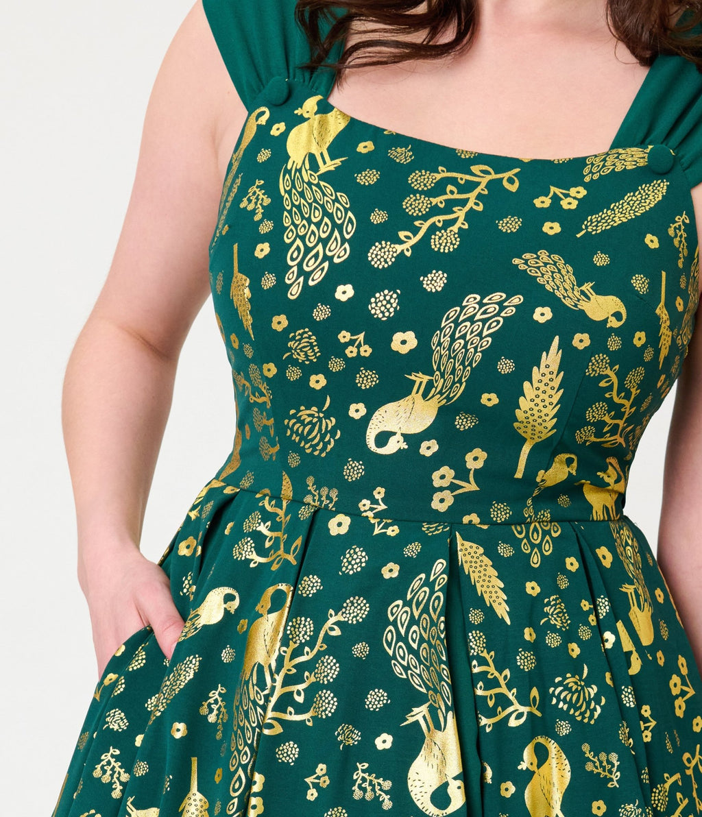Unique Vintage Green & Gold Peacock Swing Dress - Unique Vintage - Womens, DRESSES, SWING